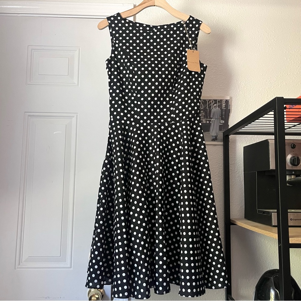NWT MAGGIE TANG vintage mod pinup black and‎ white polka dot midi retro dress